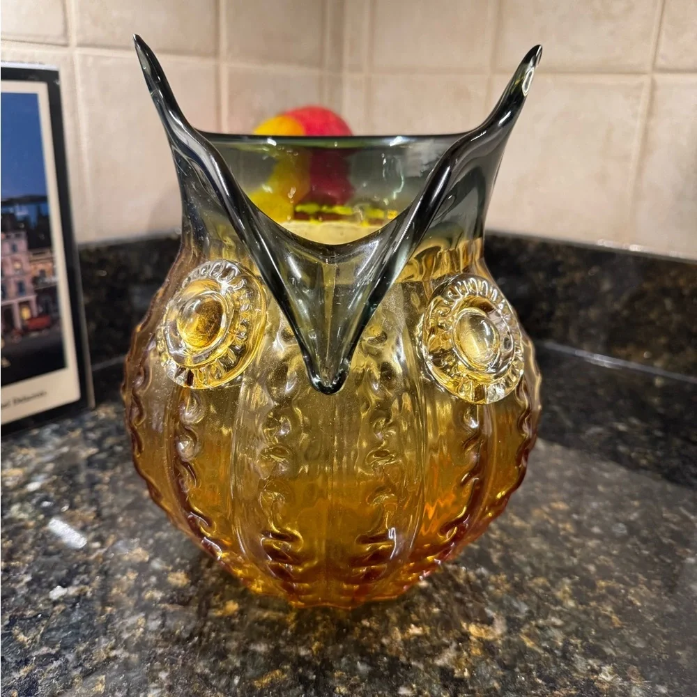 Pier 1 Amber and Black Glass Owl Candle Holder